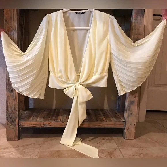 Accordion Bell Sleeve Deep V Multi Bow Tie Crop Warp Chiffon Blouse (S) - Picture 10 of 10